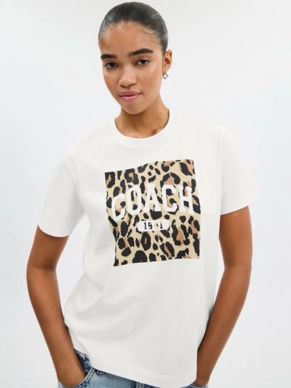 Coach White Short-Sleeve Tee with Leopard Logo Panel